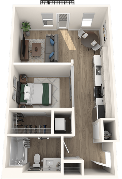 A 3D rendered image of a small apartment layout.